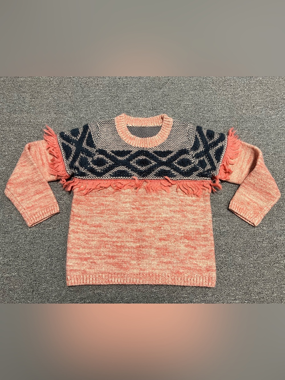 Girl’s Coral and Navy Fringe Knit Sweater 7T